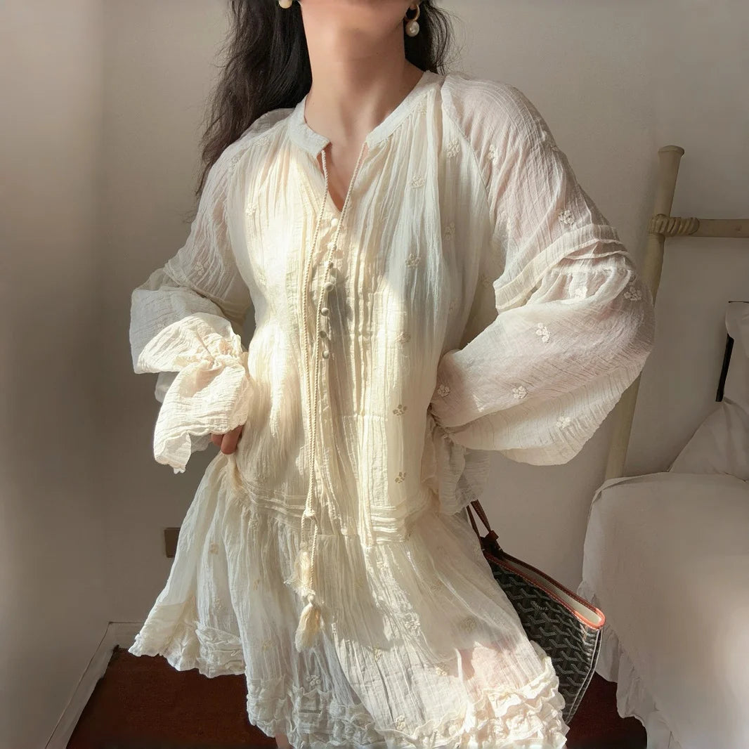 Romantic Bohemian Mini Dress Lightweight Semi-sheer Floral Embroidery Tassel Tie Tiered Hem Bishop Sleeves Dresses Women Robe
