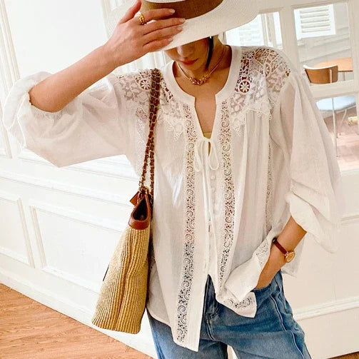 AYUALIN Vintage Top Oversize Lantern Long Sleeve Blouse Cotton White Lace Blouses Shirt Women Boho Beach Loose Ladies Blusas