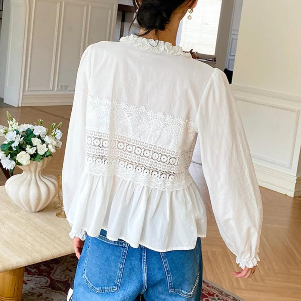 Boho Autumn Floral Lace Women's Shirt Puff Long Sleeve A-line Loose Blouses Shirts White 100% Cotton Lace-up Blouse Ladies Tops