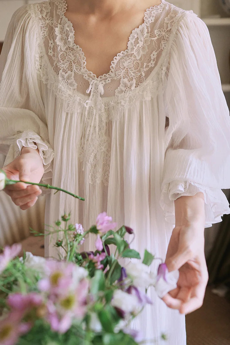 Elegant Cotton V Neck Lace Dresses Women Nightgowns White Casual A-line Loose Spring Summer Long Dress Bohemian Robe Vestidos
