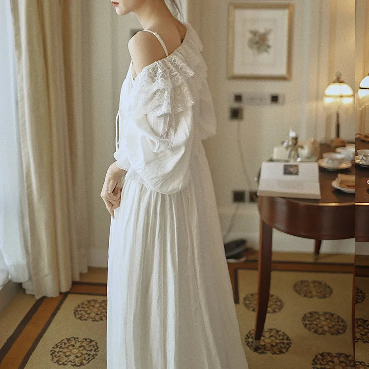 Gypsy Boho Lace Puff Long Sleeve Dresses Women Vintage 100%cotton Loose Sleepwear Dress Good Night Spring Summer Vestidos Robe