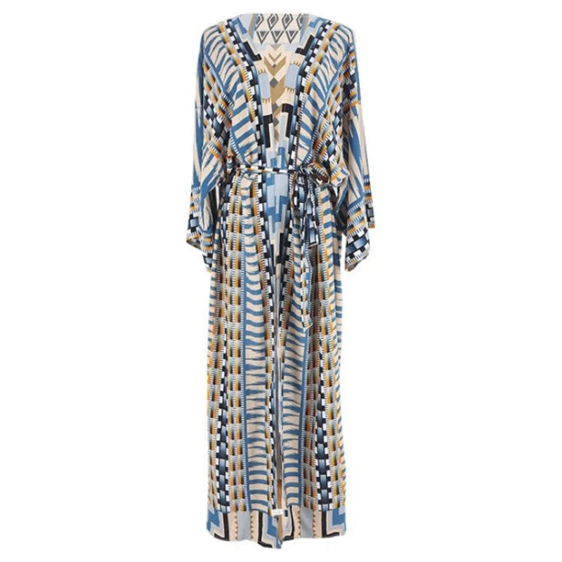 AYUALIN Boho Beach Cover Up Cotton Beige Ethnic Print Kimono Cardigan Dress Women Long Sleeve Tunic Blouse Vintage Vestidos Robe