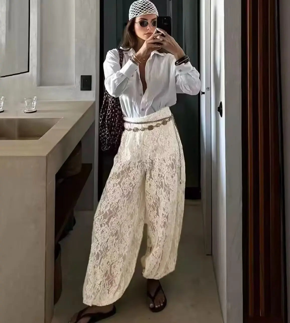 Lace Bloomers Pants for Women Casual Loose Elastic Waist Trousers Spring Summer Long Pants Boho Beach Creamy-white Baggy Pants