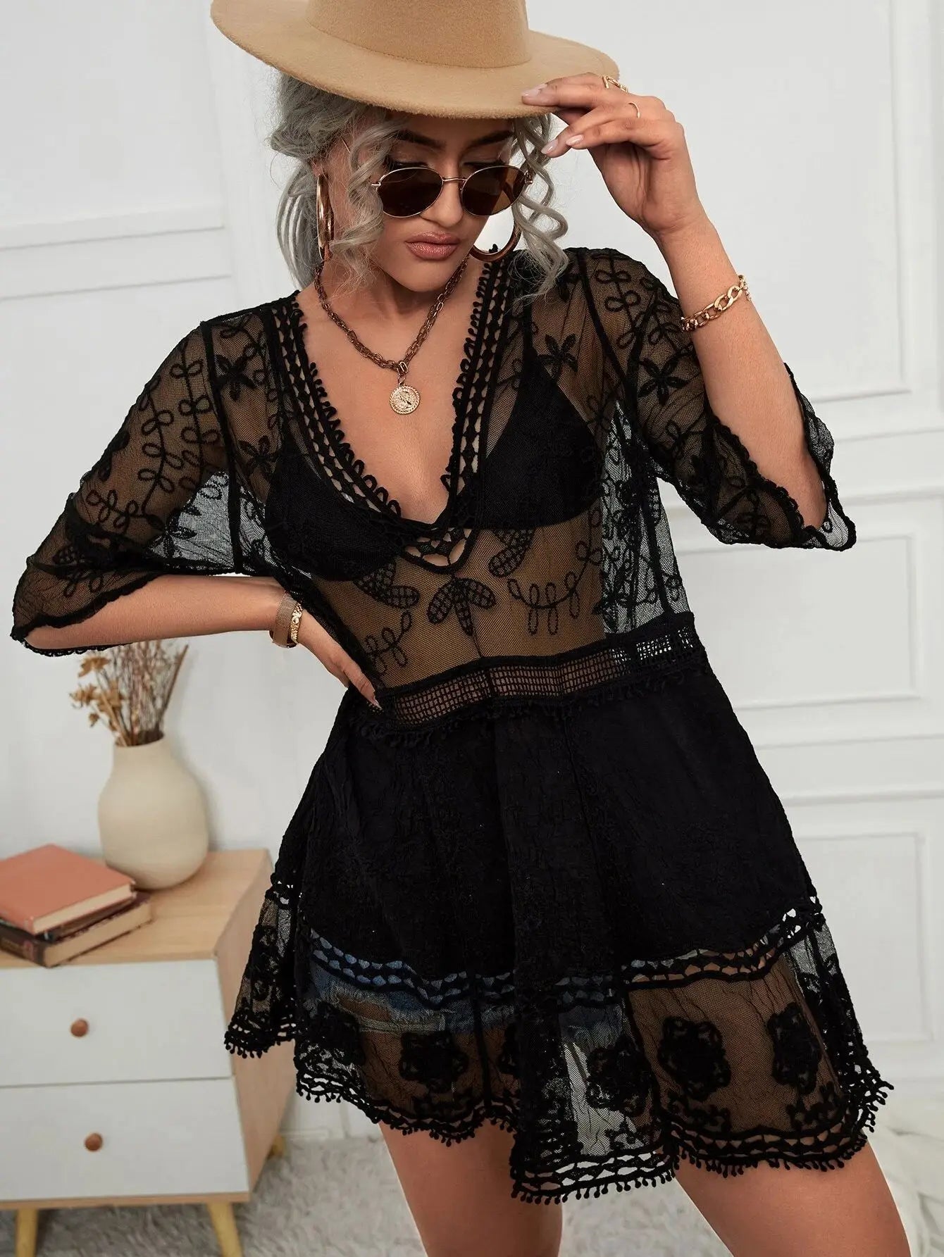 AYUALIN Floral Embroidery Loose Sexy Bikini Tunic Vintage Deep V-neck Boho Lace Cover-Ups Women Summer Mini Robe  Beach Wear