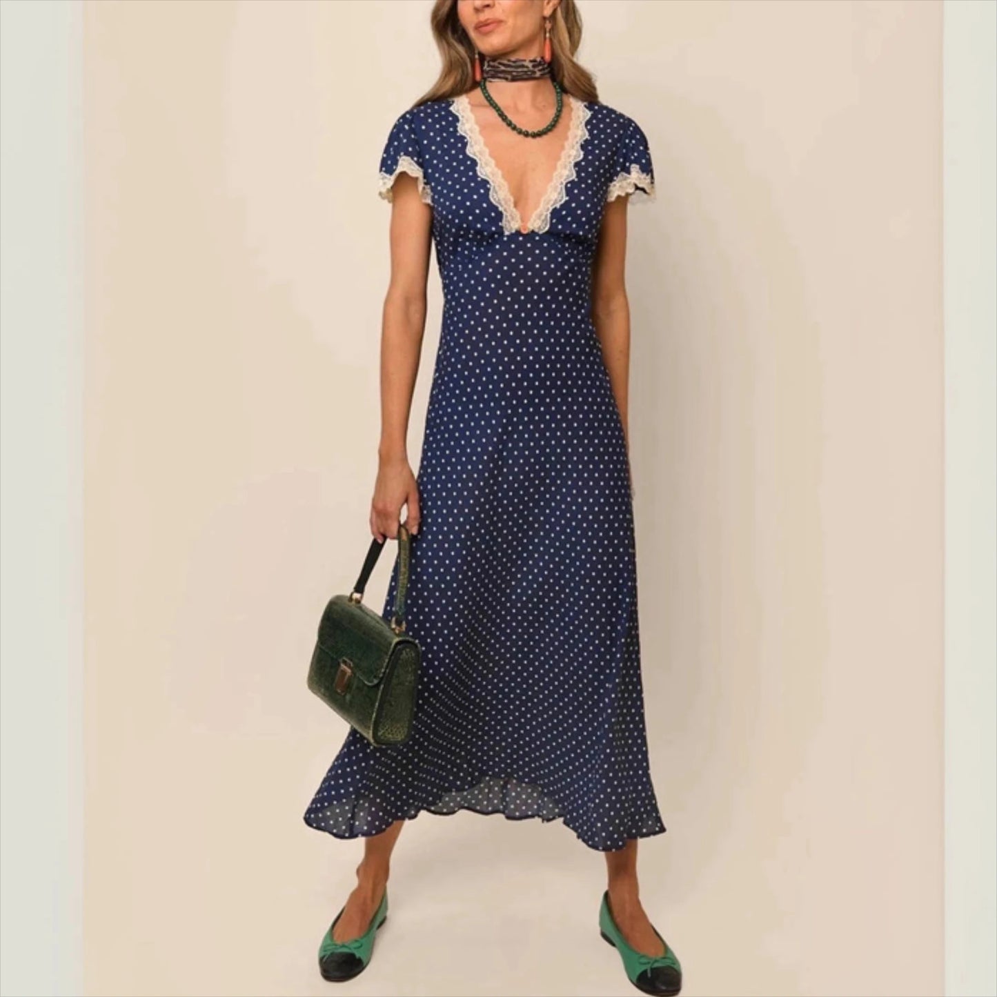 Sexy Deep V Neck Maxi Dresses Women Party Vintage Elegant Navy Cotton Rayon Polka dot Prined Splice Lace Dress Summer Vestidos