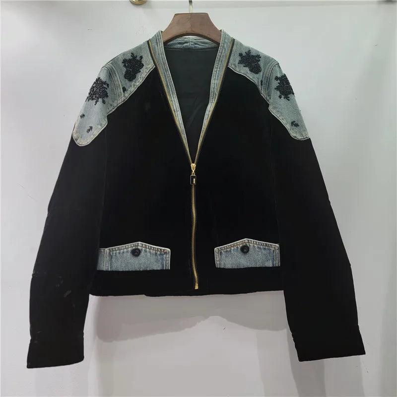 Vintage Velvet Coat Jacket for Women Autumn Patchwork Denim Long Sleeve V Neck Jackets Bead Embroidery Elegant Outerwear Coats