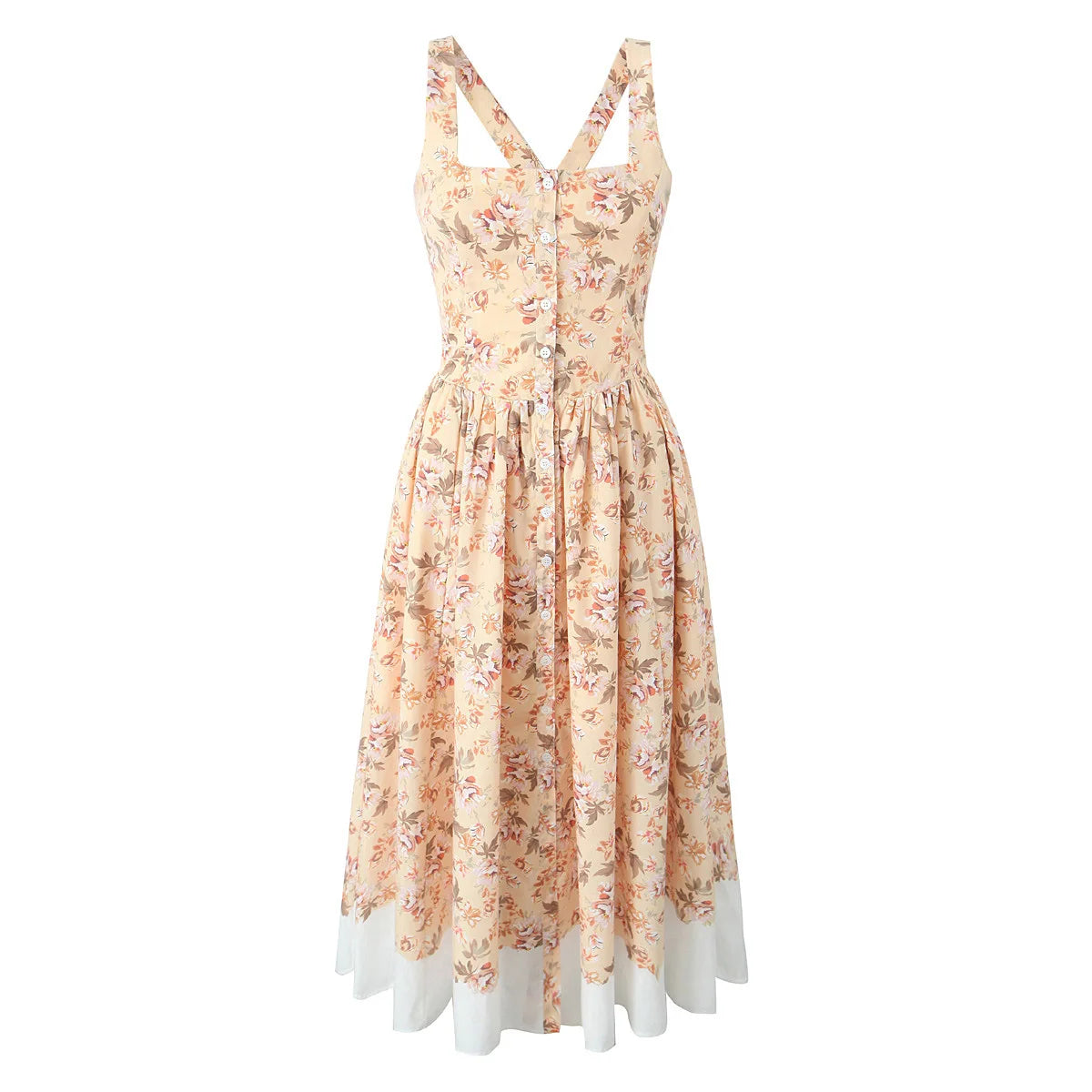 U shape Neck Sleeveless Dress Summer Elegant Party  Bohemia Cotton Floral Printed Strap Women Dresses Vintage Ladies Vestidos