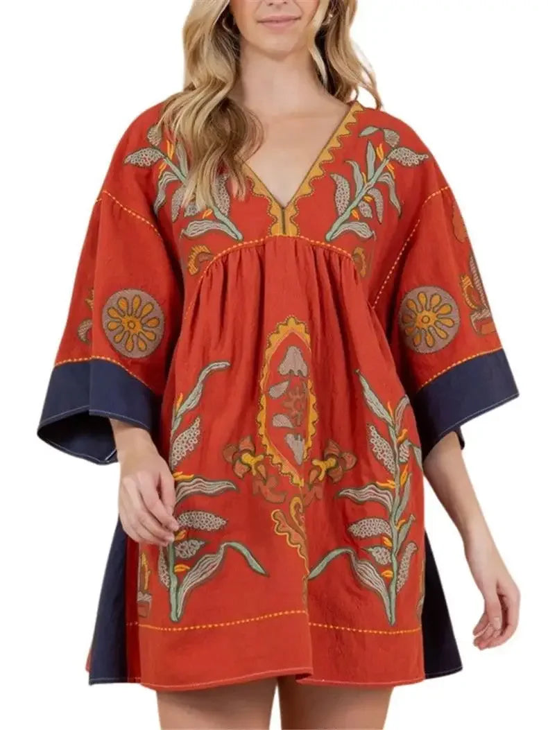 Boho Cotton Linen Floral Embroidery Mini Dresses For Women Vestidos Flare Sleeve Casual Oversize Losse Ladies Dress Summer Robe