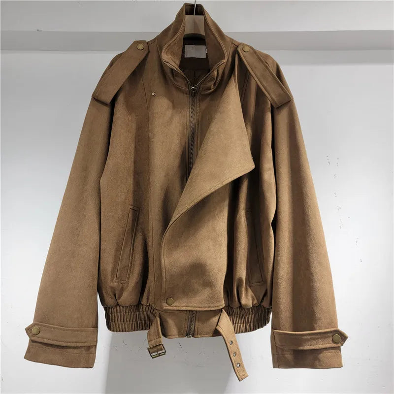 Oversize Brown Premium Suede Jacket for Women Coats Spring Autumn Long Sleeve Leather Fashion Short Jackets Casual Top Outwear