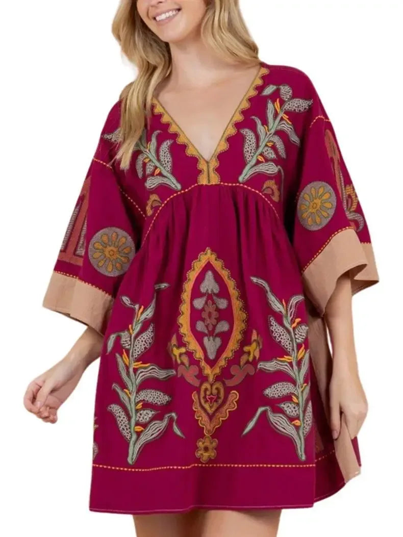 Boho Cotton Linen Floral Embroidery Mini Dresses For Women Vestidos Flare Sleeve Casual Oversize Losse Ladies Dress Summer Robe