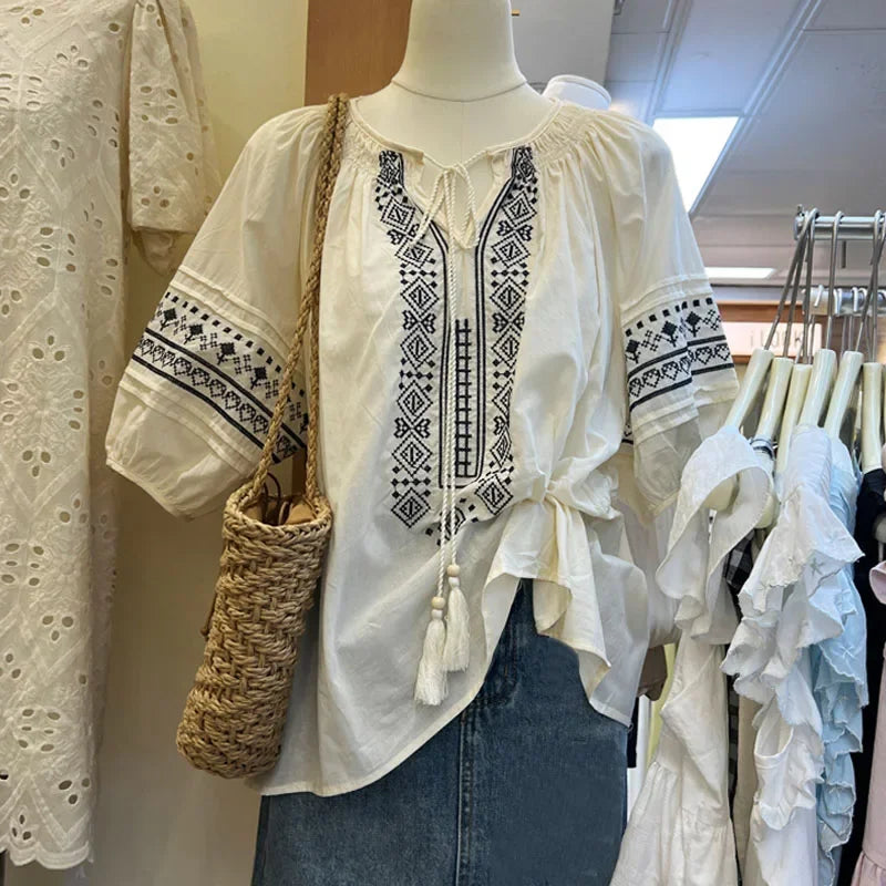 White Cotton Linen Floral Embroidery Blouses Shirts For Women Tops Casual Oversize Loose Blouse Summer Boho Beach Shirt Blusas