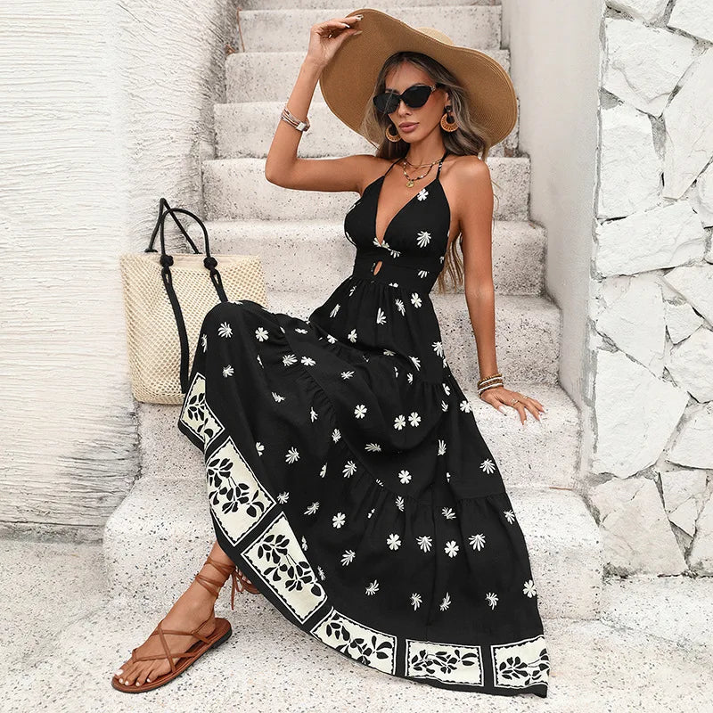 Boho Beach Vacation Maxi Dresses Women Robe Cotton Printing Sexy Deep V Neck Sleeveless Backless Dress Summer Ladies Vestidos