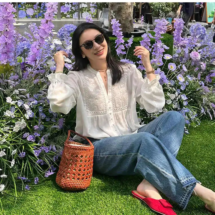 Floral Embroidery Cotton Blouses Shirts for Women Tops Casual Lantern Long Sleeve Boho Beach Blouse Shirt Spring Autumn Blusas