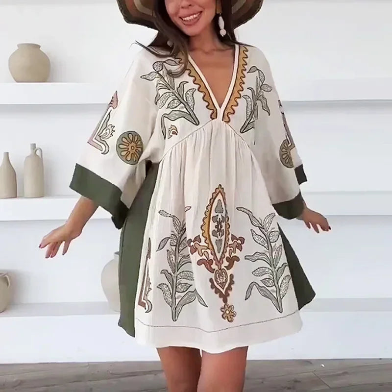 Boho Cotton Linen Floral Embroidery Mini Dresses For Women Vestidos Flare Sleeve Casual Oversize Losse Ladies Dress Summer Robe