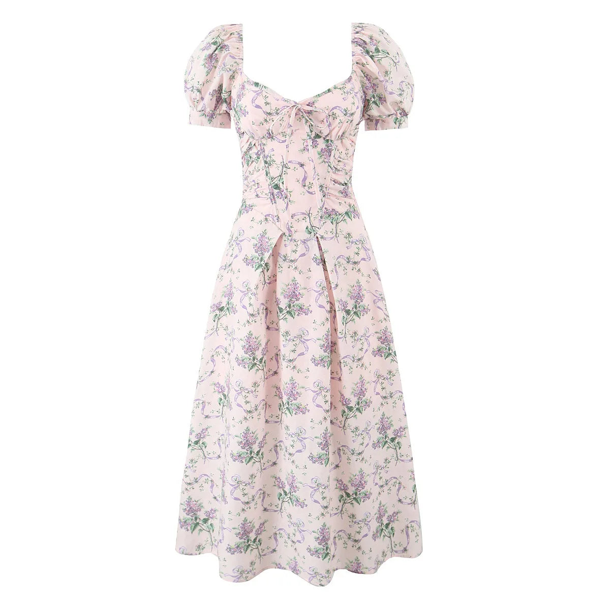 Lovely Mini Dresses for Women Summer Vintage Sexy V Neck Short Puff Sleeve Lace-up Back Waist Print Dress Party Female Vestidos