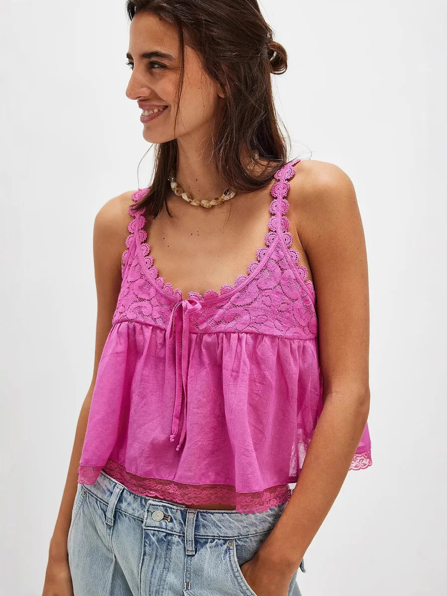 Bohemia Sleeveless Strap Blouse Lace Tank Top Women Casual Cotton Lace-up Deep V Neck Boho Beach Summer Blouses Shirts Tops