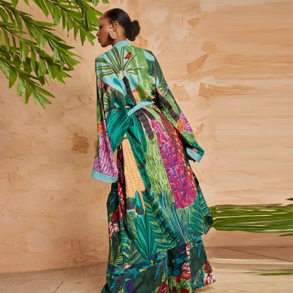 Floor-length Kimono Cardigan for Women Kaftan Robe Gown Silk Floral Printed Cover-up Pajamas Bathrobe Boho Beach Wear Dresses