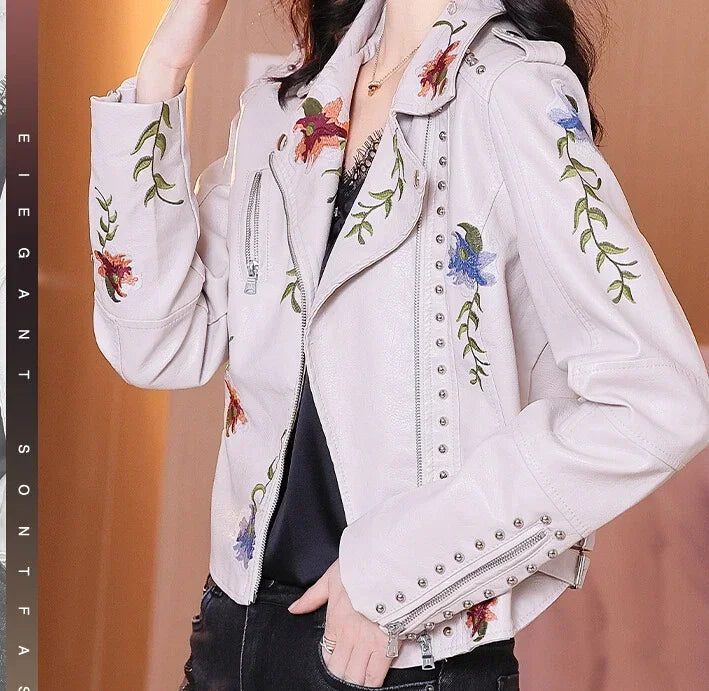 AYUALIN Long Sleeve Boho Leather Jacket Women Coat Floral Embroidery Vintage Rivet Zipper Spring Autumn Black Biker Moto Jackets