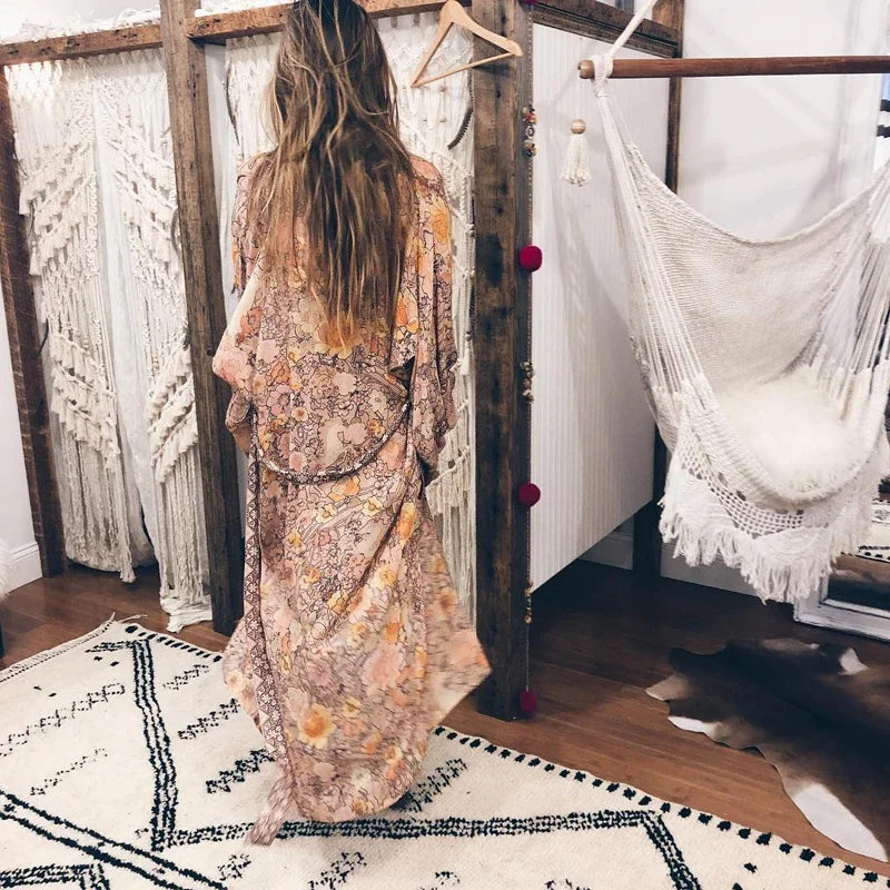 AYUALIN Kimono Cardigan Gypsy Robe for Women Floral Print Flare Sleeve Boho Blouse Shirt Beach Wear Long Summer Blouses Blusas