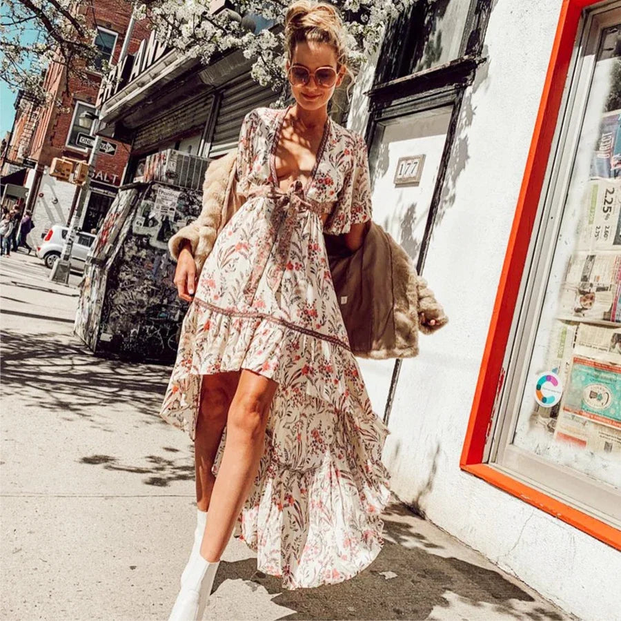 AYUALIN Sexy Irregular Dress for Women Deep V-neck Boho Dress Adjustable Belt Floral Print Summer Dresses Gypsy Dresses Vestidos