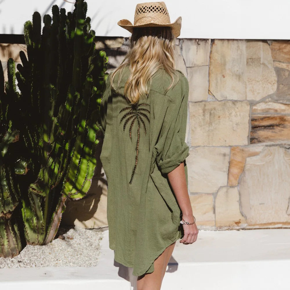 Boho Beach Shirt Dresses for Women Casual Tree Burnout Coverall Bikini Cover-ups Swimsuit Blouse Shirts Summer Robe Vestidos