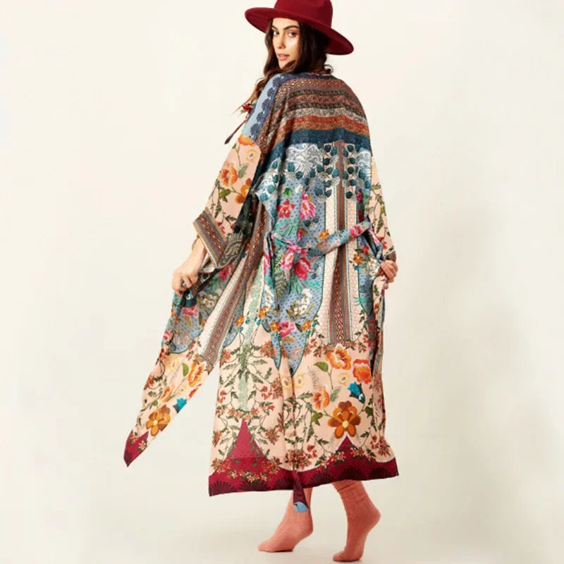 Rayon Cotton Floral Printed Kimono Sleeve Summer Dresses Swim Cover Up Dress Boho Beach Wear Robe Cardigan Coverup Vestidos