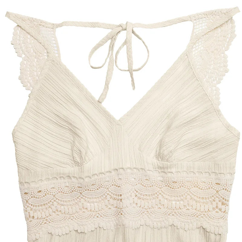 Sexy Deep V Neck Sleeveless Lace Backless Long Dress Women Summer Holiday Boho Beach Cotton Rayon Strappy Women's Dresses Robe