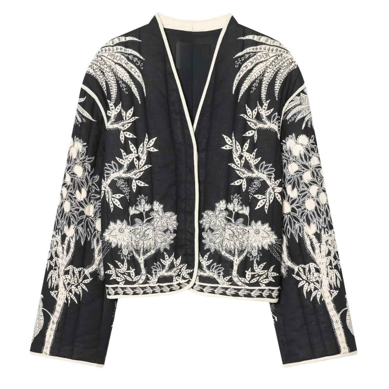 Bohemia Cotton Quilted Jacket Women Coat Vintage Black White Floral Print Long Sleeve Coats Spring Autumn Outwear Warm Jackets