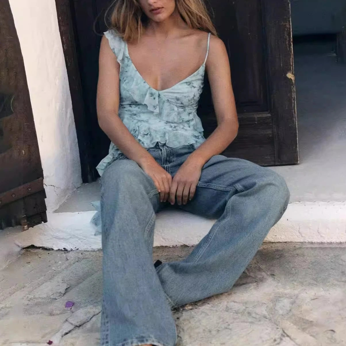 Boho Mesh Floral Printed Tank Top Women Camis Ruffles Sleeveless Sexy Deep V Neck Knitted Camis Strap Blouse Summer Mesh Tops