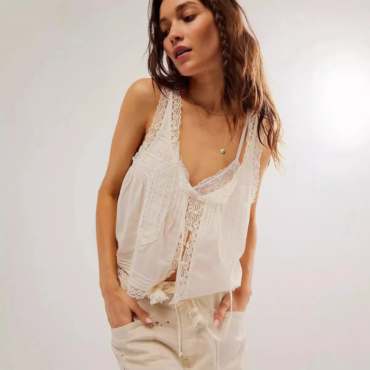 Light Cotton Splicing lace Blouses Shirts Women Sleeveless Tank Tops  Summer Boho Beach Wear  Loose Casual Ladies Blusas Camis