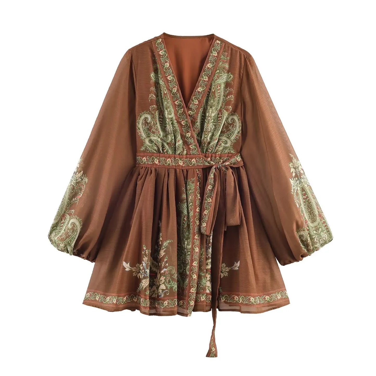 Ethnic Cotton Rayon Printed Long Sleeves Mini Dresses for Women Vintage Deep V Neck Spring Short Women's Dress Boho Beach Robe