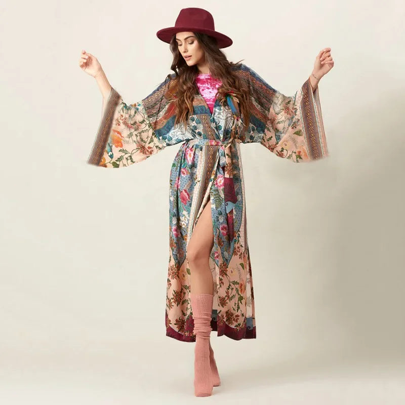 Rayon Cotton Floral Printed Kimono Sleeve Summer Dresses Swim Cover Up Dress Boho Beach Wear Robe Cardigan Coverup Vestidos