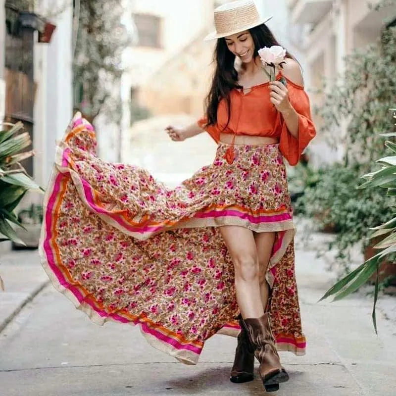 Floral printed cotton Rayon beach boho maxi skirt women vintage sexy irregular elastic waist Long skirts summer casual falda