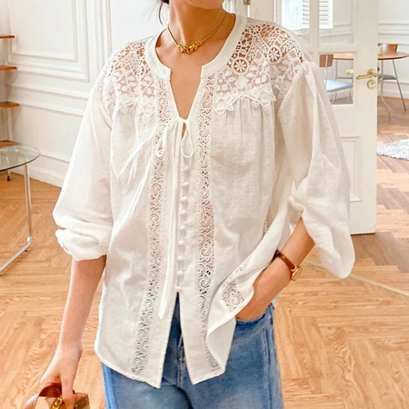 AYUALIN Vintage Top Oversize Lantern Long Sleeve Blouse Cotton White Lace Blouses Shirt Women Boho Beach Loose Ladies Blusas