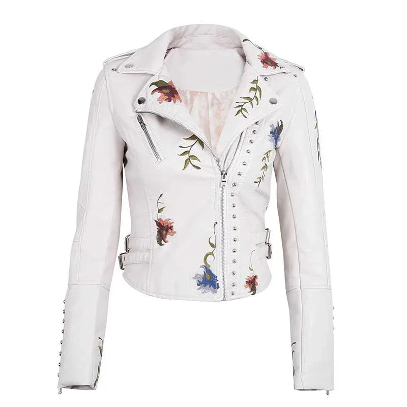 AYUALIN Long Sleeve Boho Leather Jacket Women Coat Floral Embroidery Vintage Rivet Zipper Spring Autumn Black Biker Moto Jackets