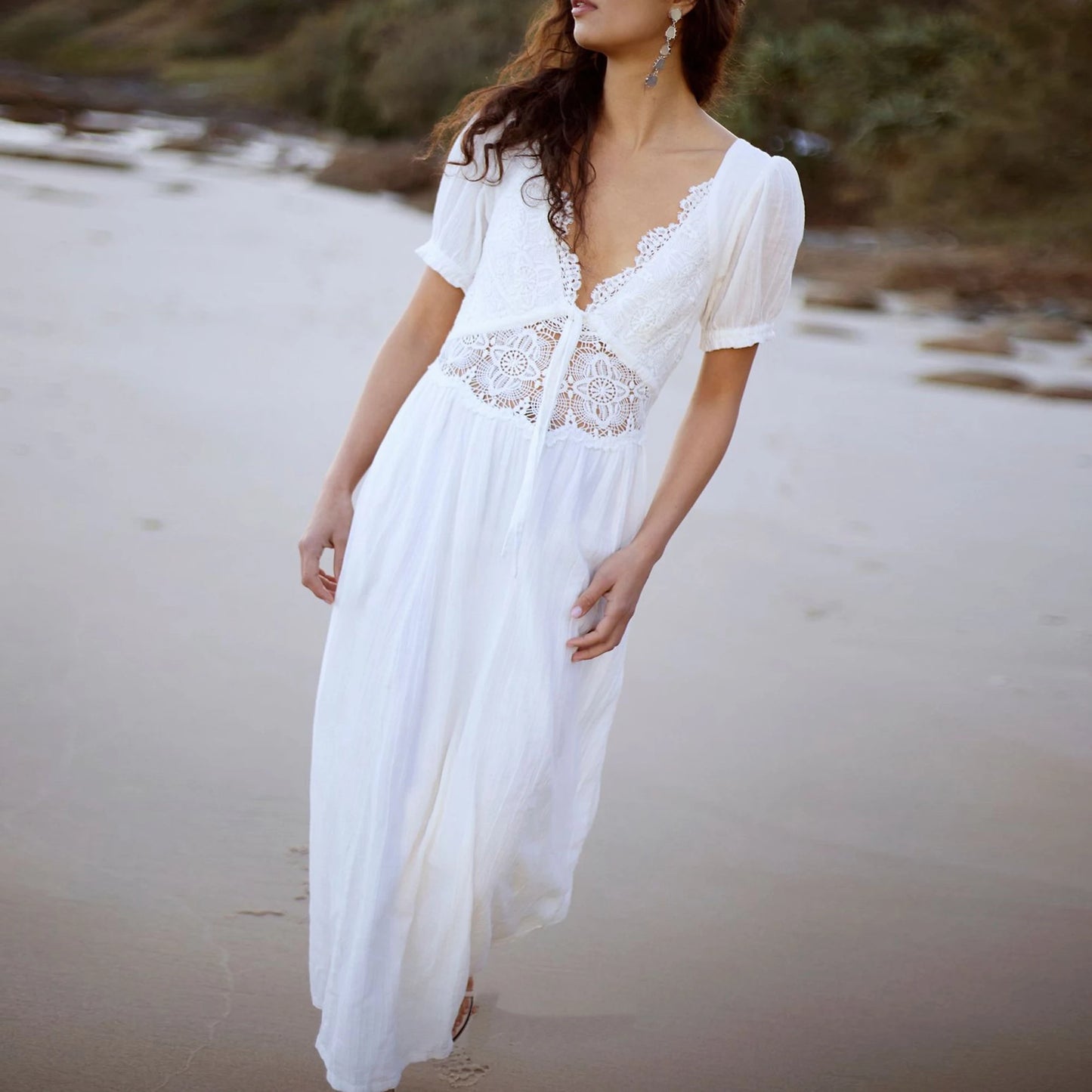 100%cotton Sexy Deep V Neck Backless Hollow Out Lace Maxi Dress Women's Robe Vacation Dresses Summer Boho Beach Ladies Vestidos
