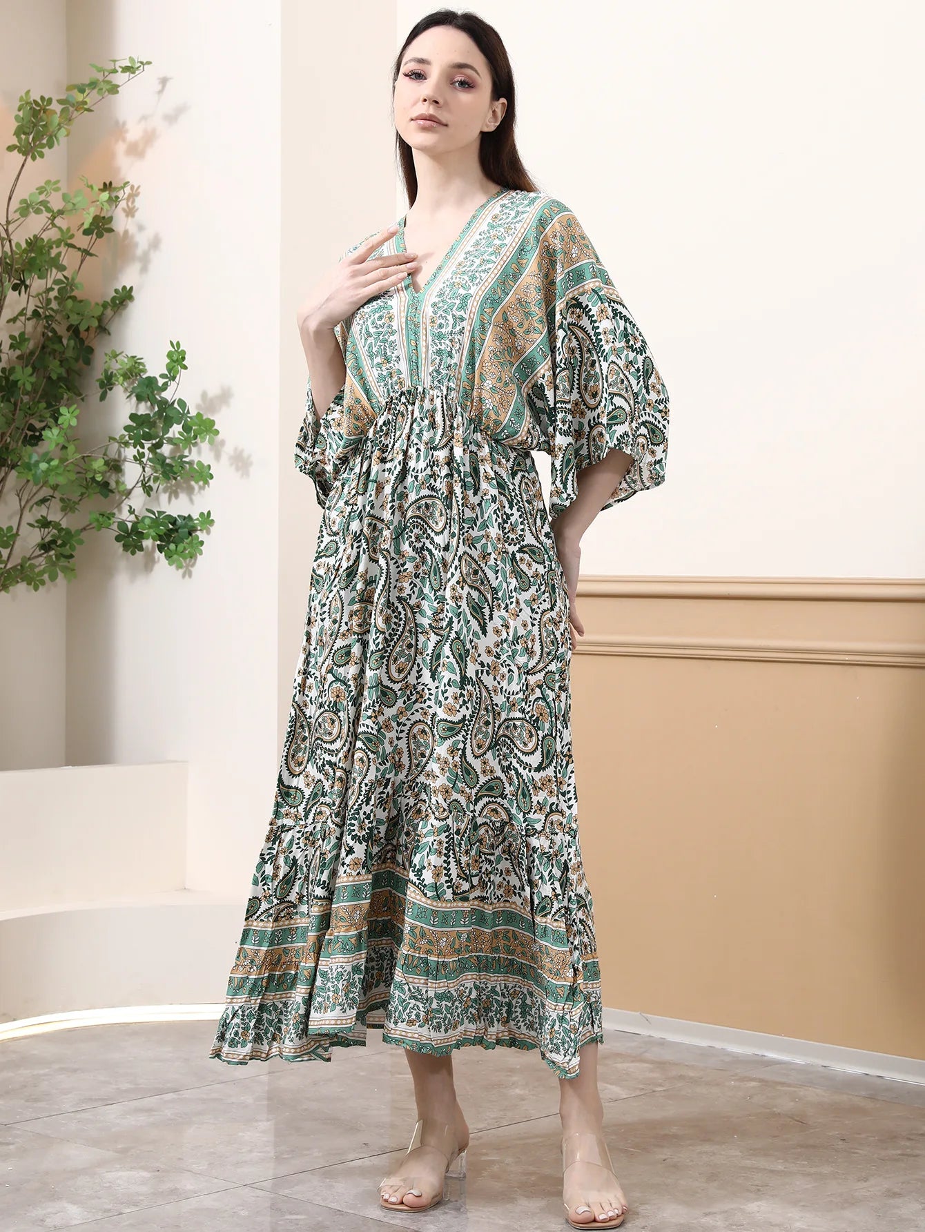 Deep V Neck Cotton Rayon Floral Printed Long Dress Summer Boho Beach Cover up Casual Loose Elastic Waist Maxi Dresses Women Robe