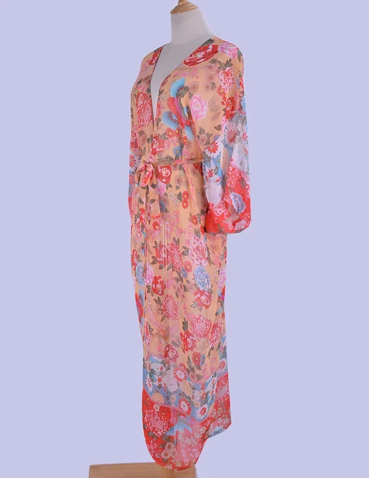 AYUALIN Red Chiffon Floral Print Long Women Dress Boho Beach Cover Up Robe Cover Ups Mujer Bikini Beachwear Tunic Kaftan Dresses
