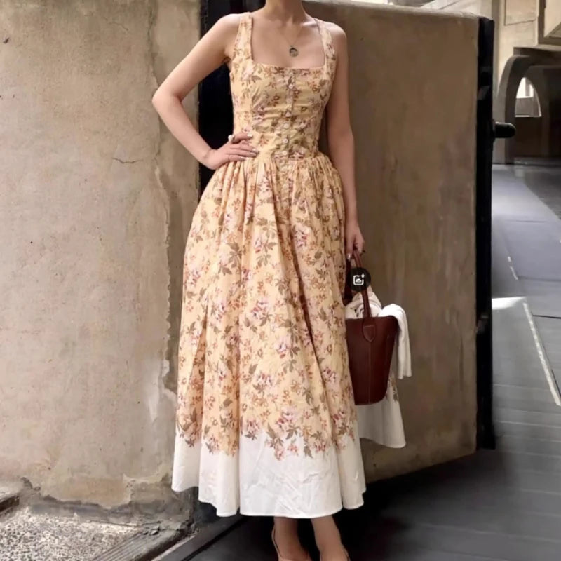 U shape Neck Sleeveless Dress Summer Elegant Party  Bohemia Cotton Floral Printed Strap Women Dresses Vintage Ladies Vestidos