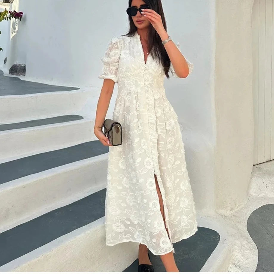 Vintage Women Dresses 3D Flower Embroidery Boho Beach Holiday Long Dress Puff Sleeve Robe Casual Elegant Summer Spring Vestidos