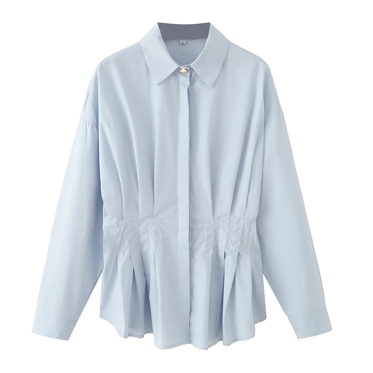Long-sleeved Women Blouse Shirt  with A Fitted Waist and Pleated Design White 100% Cotton Casual Office Blouses Shirts Lady Tops