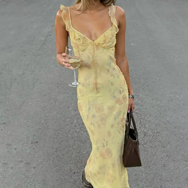 Chiffon Floral Print Long Dresses Women Elegant Slim Sweet Summer Dress Sexy Ruffles V-neck Strappy Vestidos Ladies Party Robe