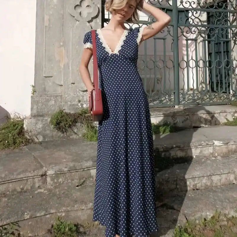 Sexy Deep V Neck Maxi Dresses Women Party Vintage Elegant Navy Cotton Rayon Polka dot Prined Splice Lace Dress Summer Vestidos