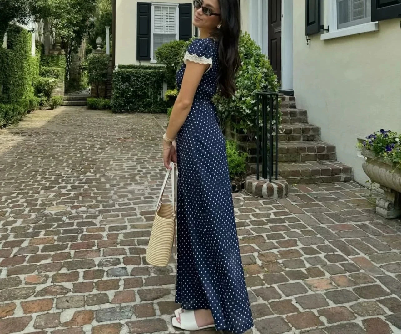 Sexy Deep V Neck Maxi Dresses Women Party Vintage Elegant Navy Cotton Rayon Polka dot Prined Splice Lace Dress Summer Vestidos