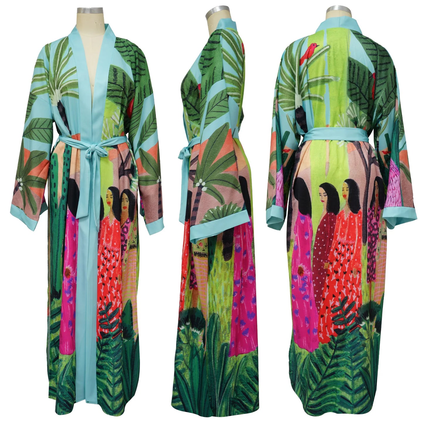Floor-length Kimono Cardigan for Women Kaftan Robe Gown Silk Floral Printed Cover-up Pajamas Bathrobe Boho Beach Wear Dresses