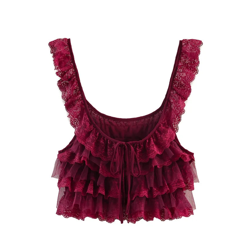 Creamy Lace Ruffled Layered Strappy Top Women Blouses Vintage Sleeveless O Neck Cropped Camisole Boho Beach Sheer Tanks Tops