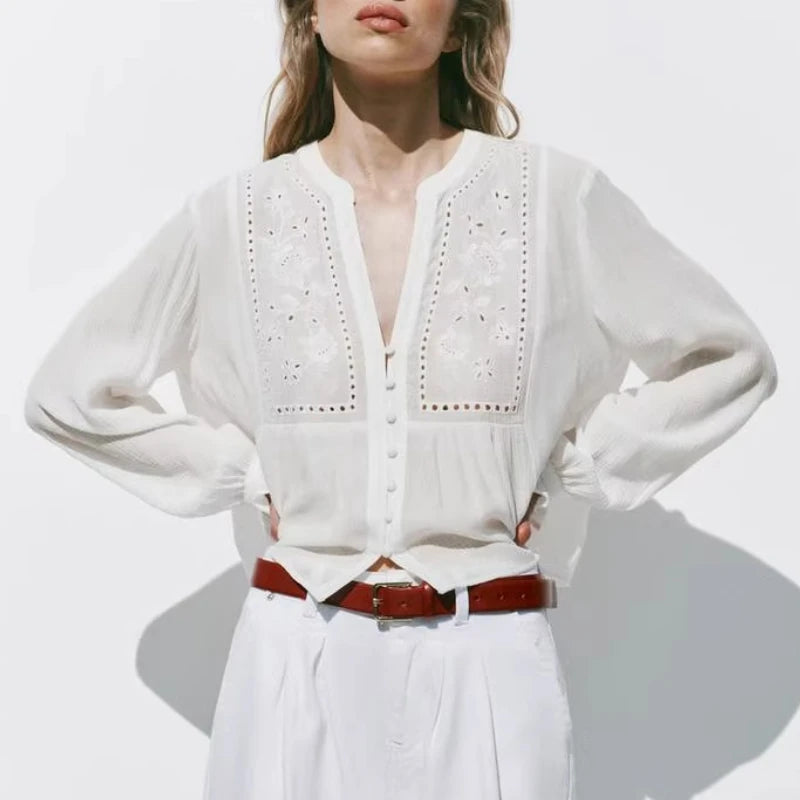 Floral Embroidery Cotton Blouses Shirts for Women Tops Casual Lantern Long Sleeve Boho Beach Blouse Shirt Spring Autumn Blusas