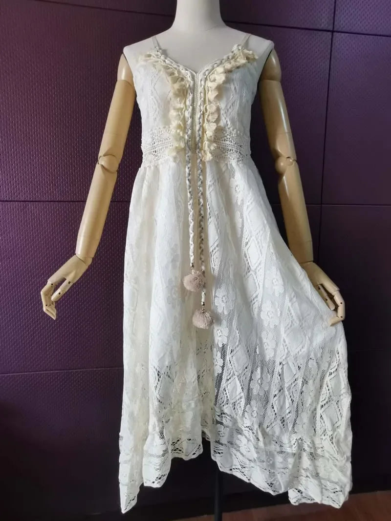 AYUALIN Sexy Sleeveless Backless Irregular Strap Dress Women Robe Vintage Tassel Boho Beach Vestidos Floral Lace Summer Dresses