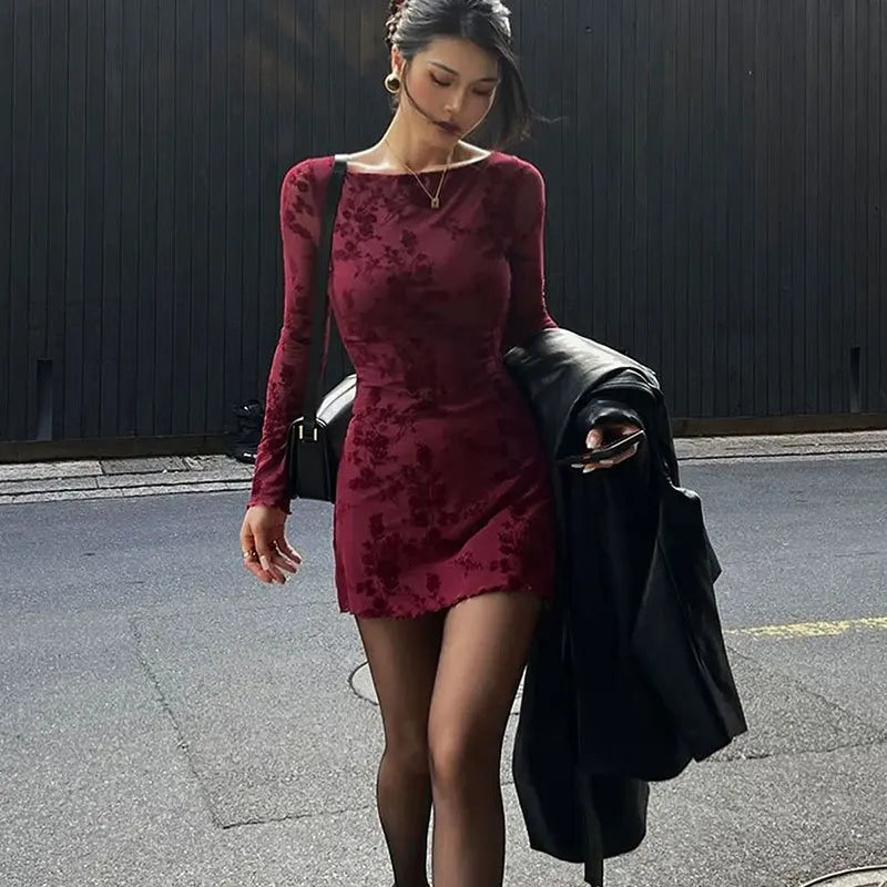 Vintage Floral Flocked Strap Mini Dress Sexy V-neck Slim-fitting Backless Sleeveless Short Dresses Women Summer Bodycon Robe