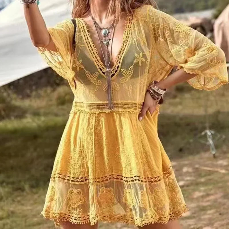 AYUALIN Floral Embroidery Loose Sexy Bikini Tunic Vintage Deep V-neck Boho Lace Cover-Ups Women Summer Mini Robe  Beach Wear